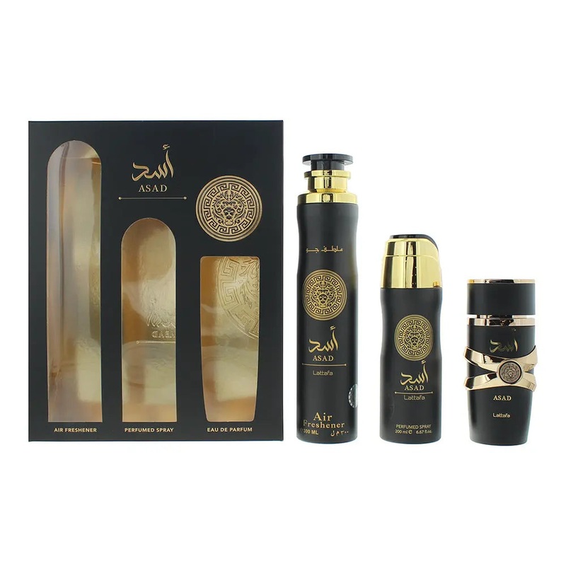 Lattafa Asad 3 Piece Gift Set: Eau De Parfum 100ml – Hair Mist 50ml – Perfumed Spray 200ml