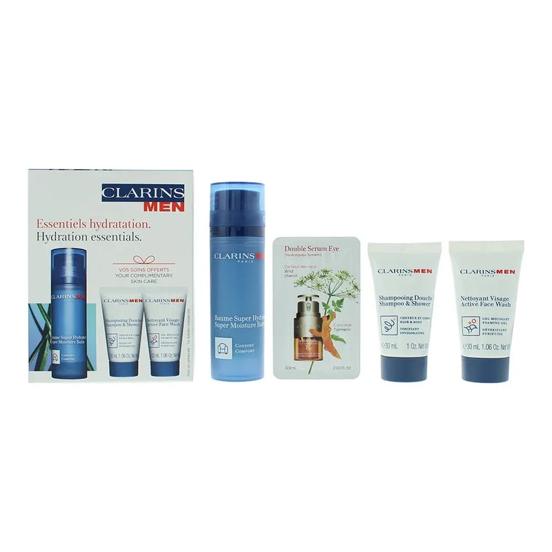 Clarins Hydration Essentials 4 Piece Gift Set: Balm 50ml – Shower Gel  Shampoo 30ml – Face Wash 30ml – Double Eye Serum 0.9ml