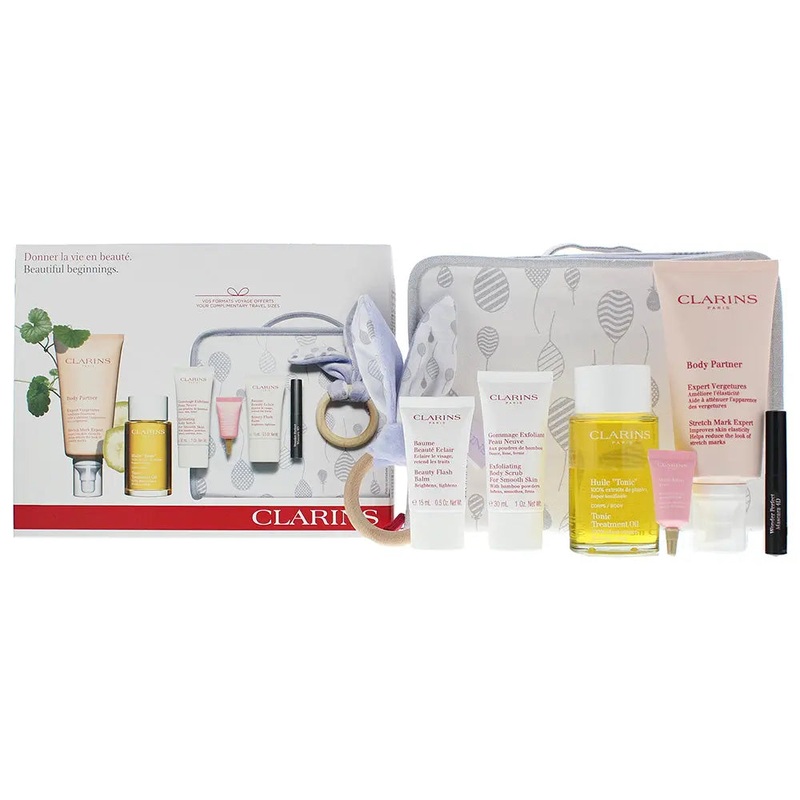 Clarins Beautiful New Beginnings Gift Set: – Body Scrub 30ml – Oil 100ml – Moisturiser 175ml – Eye Cream 3ml – Balm 15ml – Mascara 3.5ml – Case – Toy